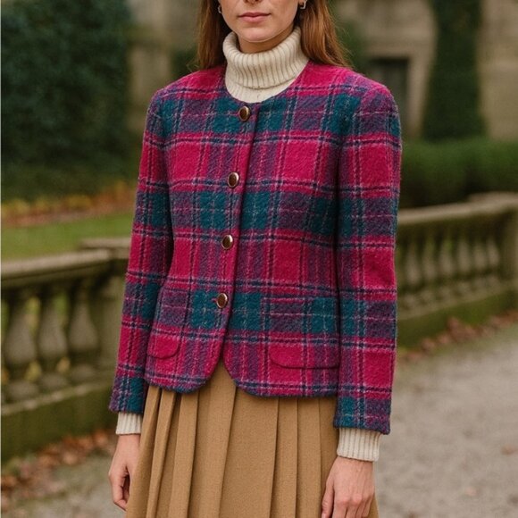 Pendleton ~ Vintage Plaid Pink and Teal Wool Blazer Jacket in size 12 - Picture 1 of 15